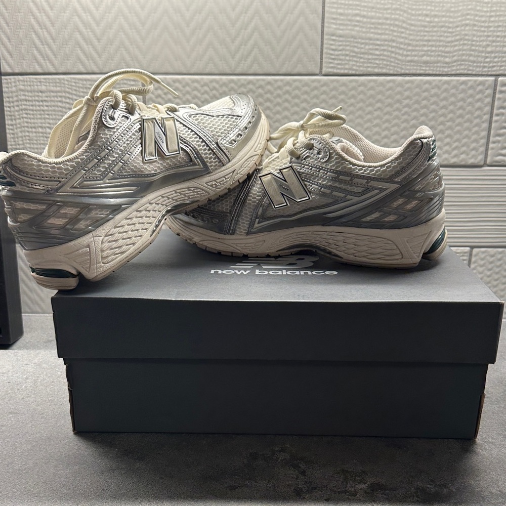 New Balance Metallic Silver and Cream Running Shoes